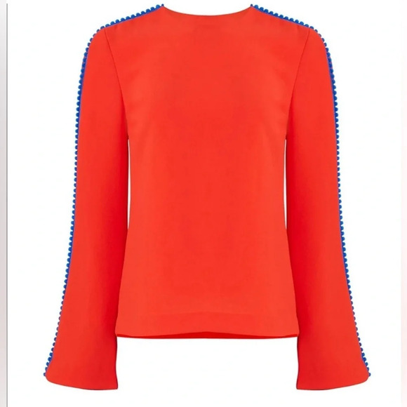 Galvan London NWT Misti Long Sleeve Crepe Pom Pom Blouse 4 Red Cobalt - Picture 1 of 9